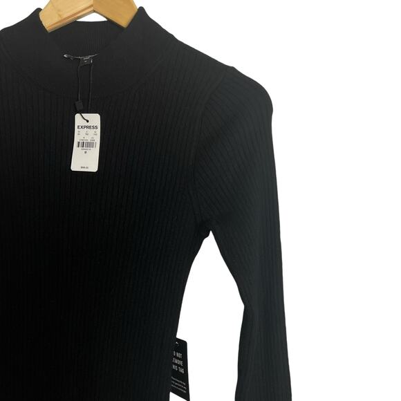 Express Black Ribbed Knit Long Sleeve Mock Neck Asymmetric Sweater Midi Dress M - Picture 6 of 13